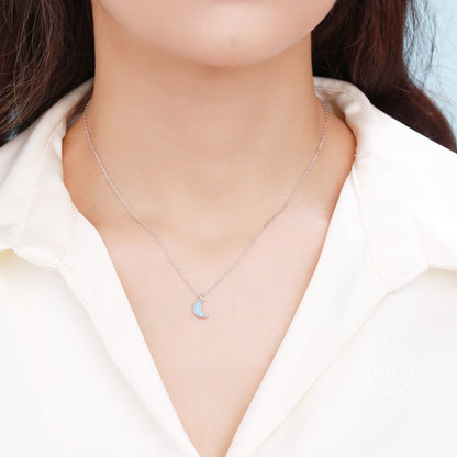 Extra Tiny Opal Moon Necklace in Sterling Silver, Silver or Gold or Rose Gold, Blue Opal or White Opal Necklace