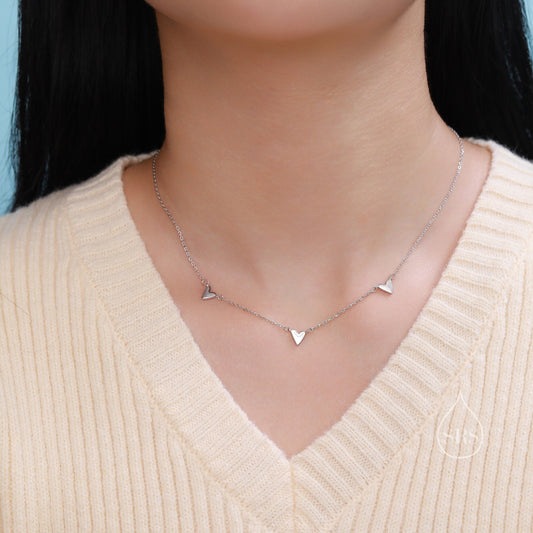 Triple Heart Necklace in Sterling Silver, Tiny Three Heart Necklace, Silver, Gold or Rose Gold,  Heart Charm Necklace
