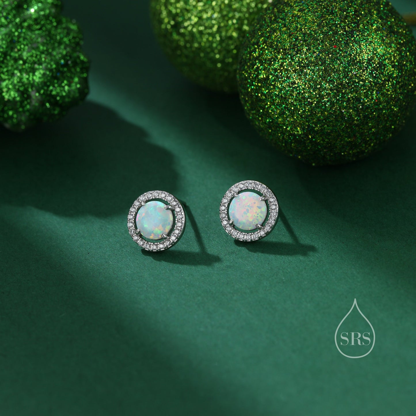 Opal CZ Halo Stud Earrings in Sterling Silver - 8mm - Blue or White Opal, Sustainable Lab Opal - Petite Stud Earrings