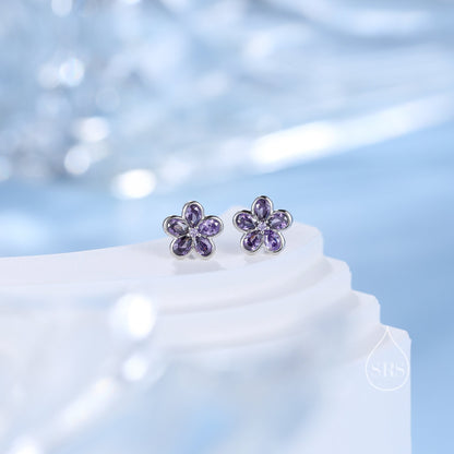 Amethyst Purple Flower CZ Stud Earrings in Sterling Silver, Forget Me Not Floral CZ Earrings, Silver or Gold, Flower CZ Earrings
