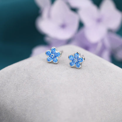 Aquamarine Blue Flower CZ Stud Earrings in Sterling Silver, Forget Me Not Floral CZ Earrings, Flower CZ Earrings