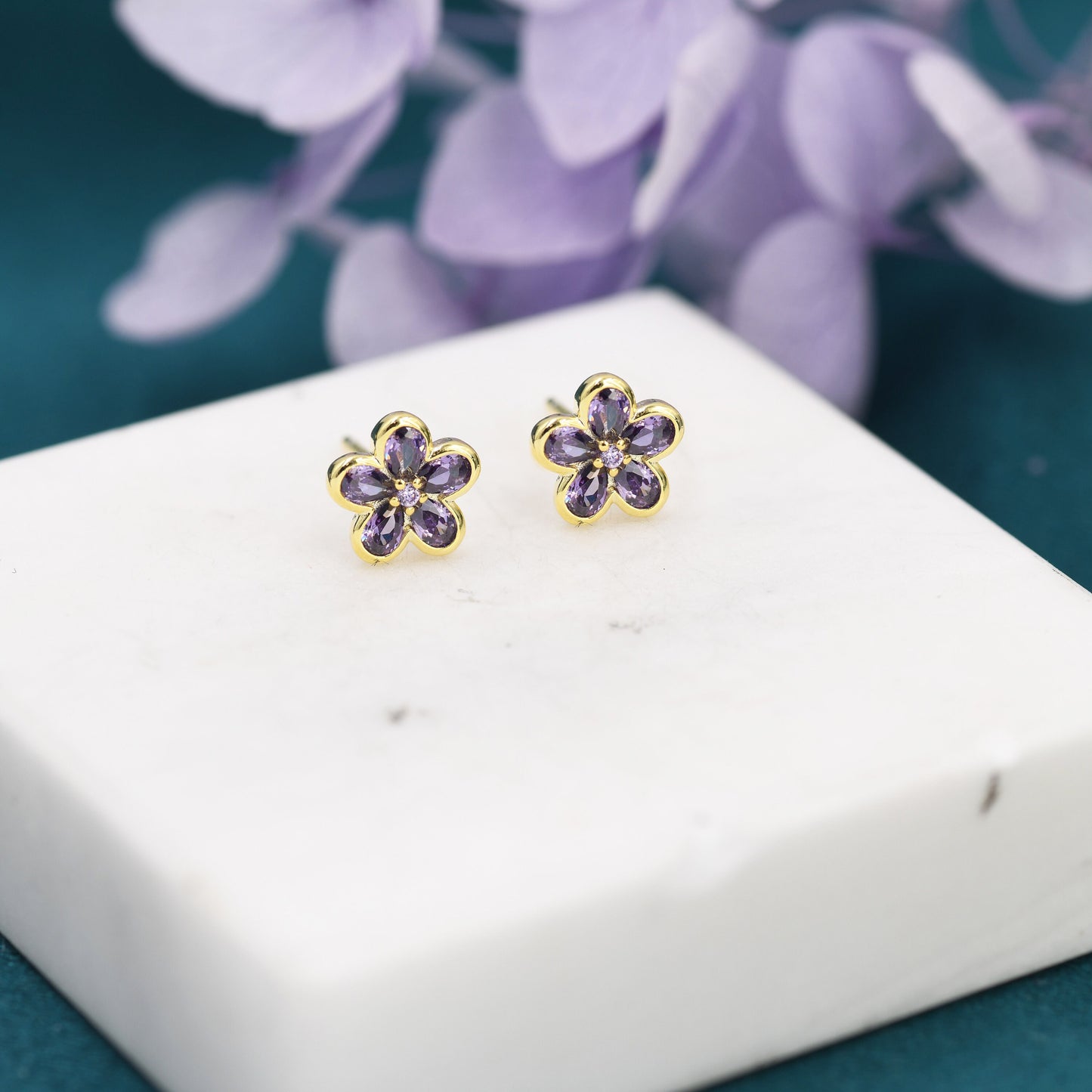 Amethyst Purple Flower CZ Stud Earrings in Sterling Silver, Forget Me Not Floral CZ Earrings, Silver or Gold, Flower CZ Earrings