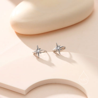 Delicate Starburst CZ Huggie Hoop Earrings in Sterling Silver, Silver, Gold or Rose Gold, North Star Earrings, Sunburst Earrings, Celestial