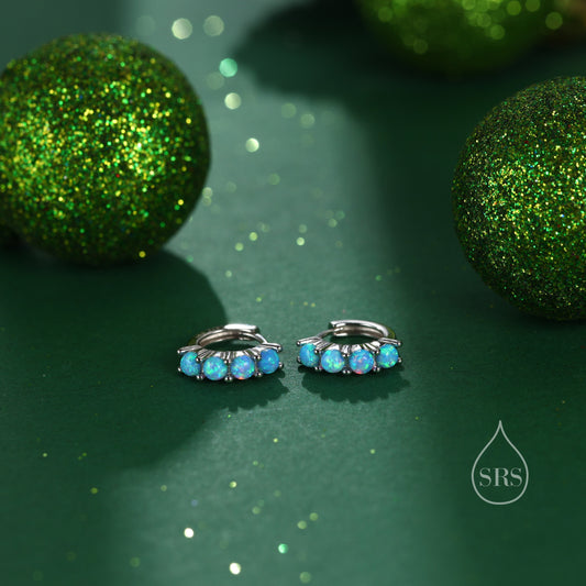 Sterling Silver 8mm Opal Huggie Hoops, White Opal or Blue Opal, Silver or Gold, Dainty Huggie Hoops Earrings, Opal Earrings