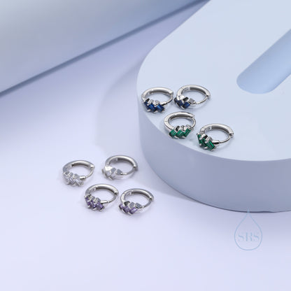 Baguette CZ Cluster Huggie Hoop in Sterling Silver, Silver or Gold, Geometric Hoop Earrings, Green, Blue, Purple or Clear CZ