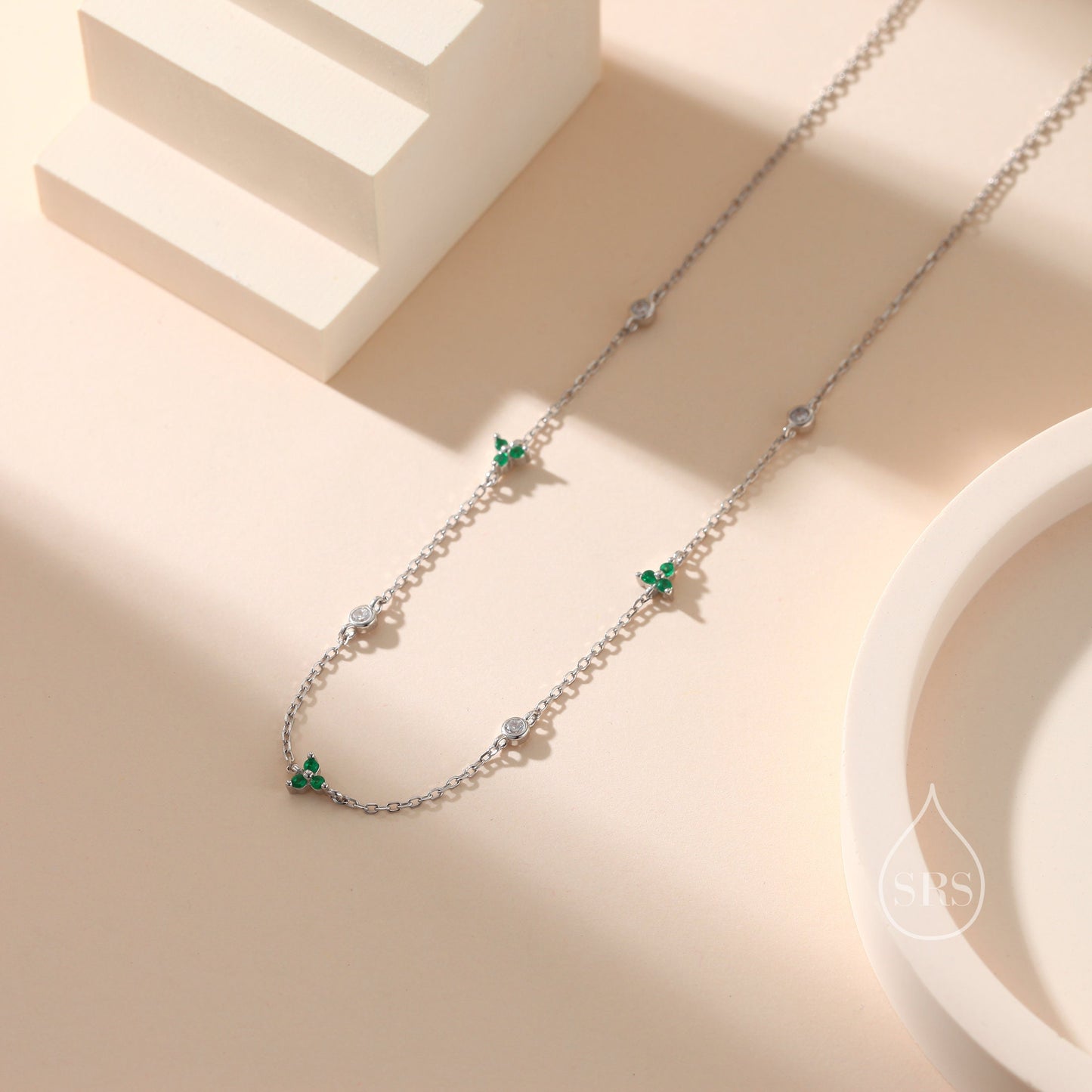 CZ Trio Necklace in Sterling Silver, Silver or Gold, Emerald Green or Clear Three CZ  Satellite Crystal Necklace, Solid Silver Necklace
