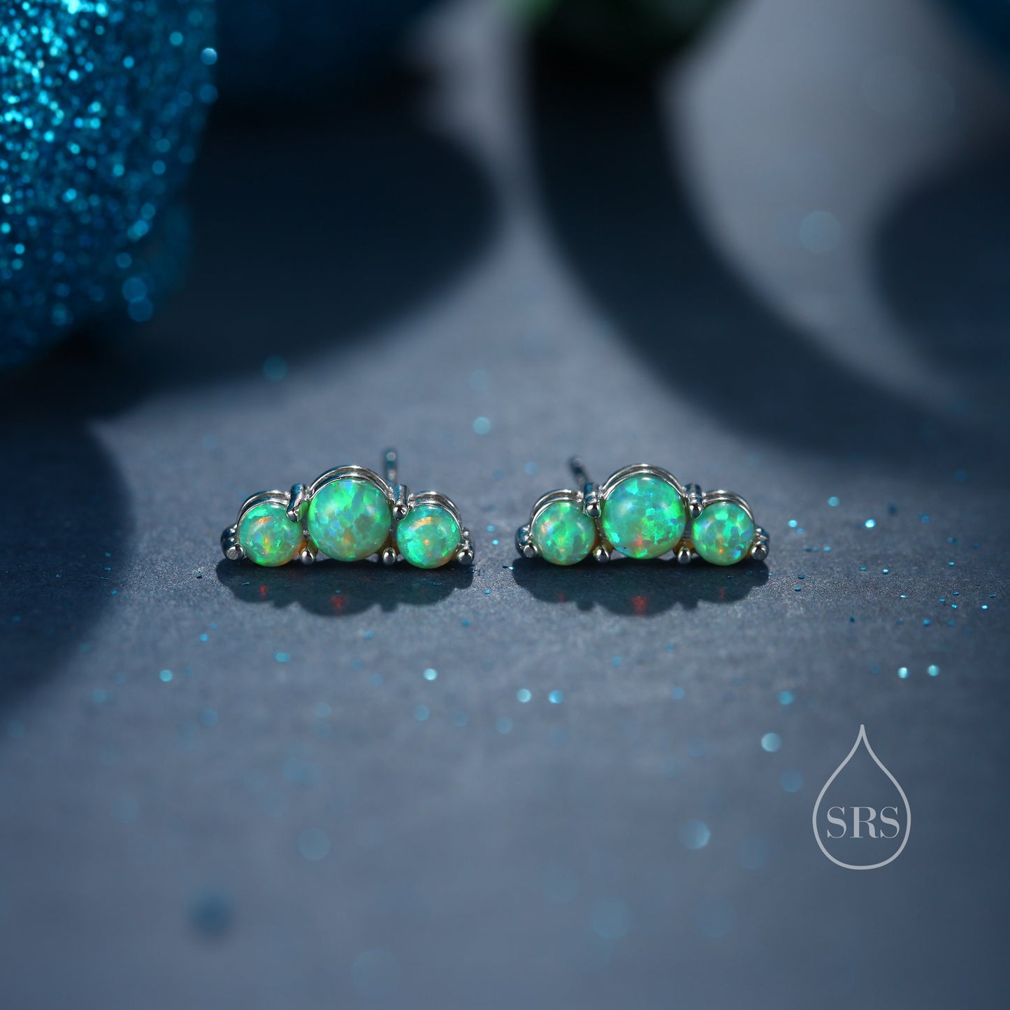 Tiny Green Opal Trio Stud Earrings in Sterling Silver, Silver or Gold,  Three Opal Earrings, Opal Stud, Small Opal Earrings