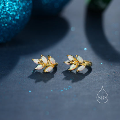 Opal Leaf Huggie Hoop Earrings in Sterling Silver, Silver or Gold or Rose Gold, White Opal Marquise or Green Opal Hoop Earrings