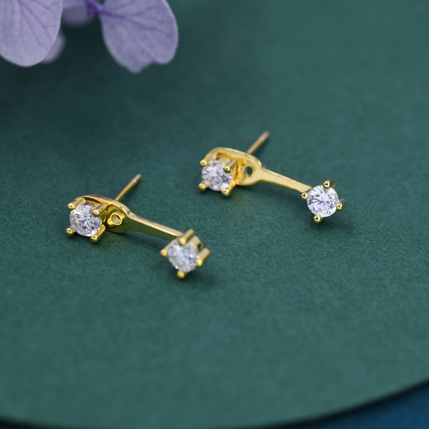 Double CZ Ear Jacket in Sterling Silver,  Silver or Gold, Front and Back Earrings, Two Part Earrings
