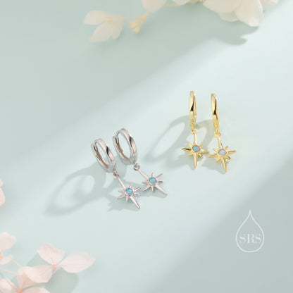 Opal Starburst Huggie Hoop Earrings in Sterling Silver, Blue Opal North Star Drop Earrings, Delicate Blue Opal Star Earrings