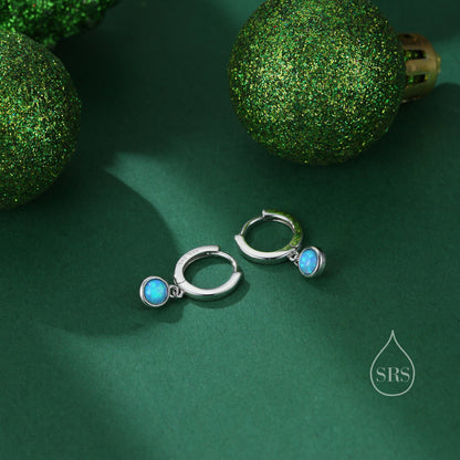 Sterling Silver Dangling 4mm Opal Hoop Earrings, Blue Opal or Fire Opal Charm Dangle Hoop Earrings, Silver or Gold