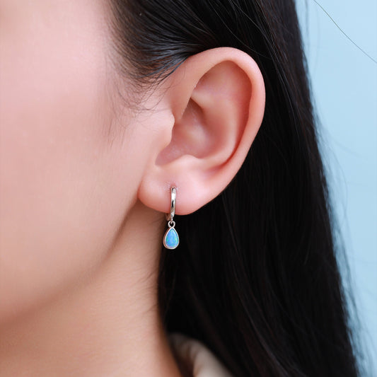 Sterling Silver Dangling Opal Droplet Hoop Earrings, Blue Opal or Fire Opal Charm Dangle Hoop Earrings, Silver or Gold