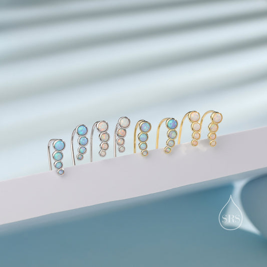 Blue / White Opal Cluster Crawler Earrings in Sterling Silver, Opal Ear Climbers, Silver or Gold, Lab Opal Earrings