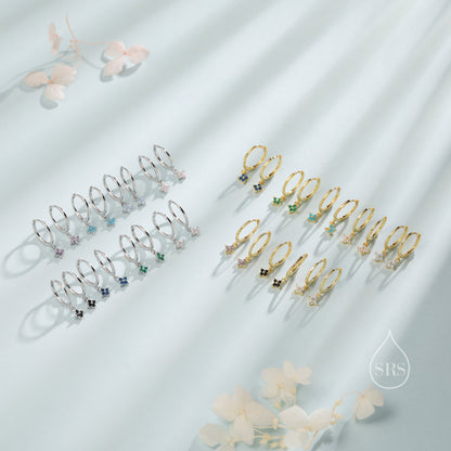 Extra Tiny Hydrangea Flower CZ Huggie Hoop Earrings in Sterling Silver, Silver or Gold, Green, Blue, Pink, Purple or Clear CZ