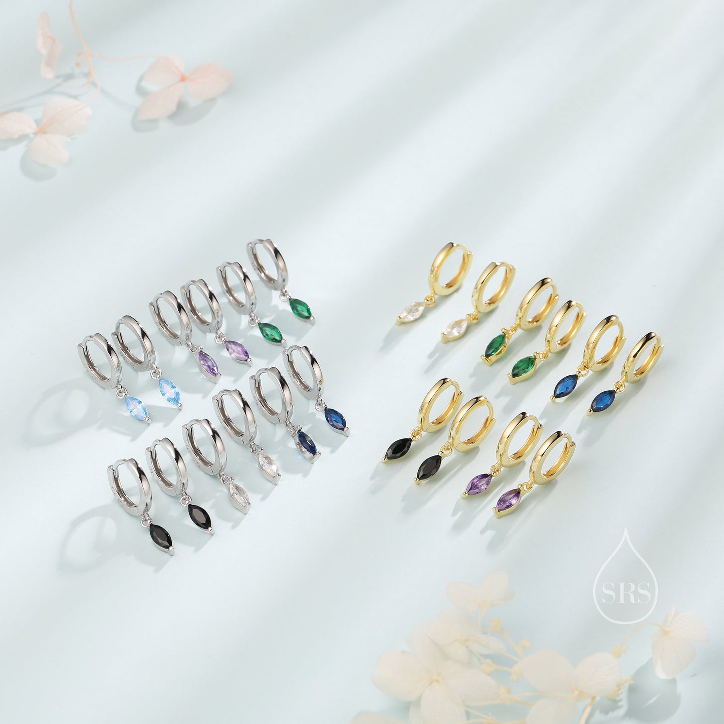 Extra Tiny Marquise CZ Huggie Hoop Earrings in Sterling Silver, Silver or Gold, 6 Colour Options, Green, Blue, Pink, Purple or Clear CZ