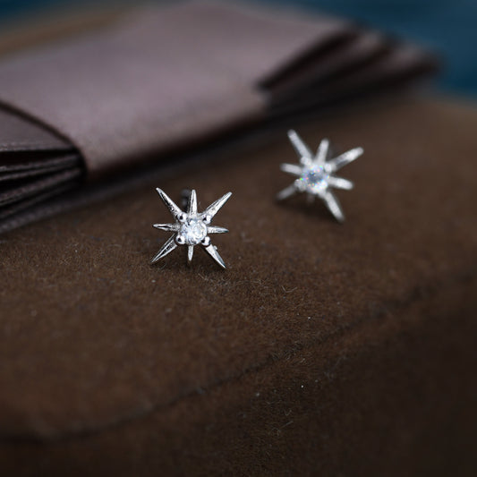 Sterling Silver Small Pair of Starburst Stud Earrings, Single CZ Stud, Cubic Zirconia Crystal, Star Earrings, Celestial L56