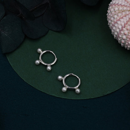 Three Pearl Huggie Hoop Earrings in Sterling Silver, Triple Pearl Hoop Earrings