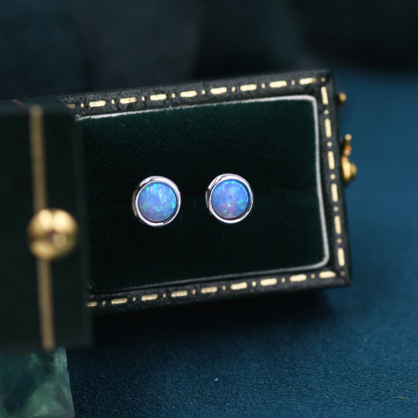 Sterling Silver Blue Opal White Opal Stone Crystal Stud Earrings. Round Minimalist Dot Geometric Design. bridesmaid jewellery.