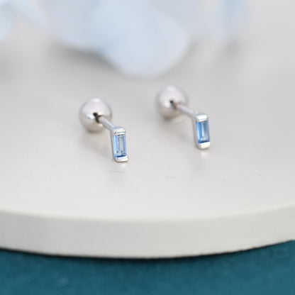 Extra Tiny Aquamarine Blue Baguette CZ Screw Back Earrings in Sterling Silver, Stacking Earrings, Barbell Earrings, Helix Earrings