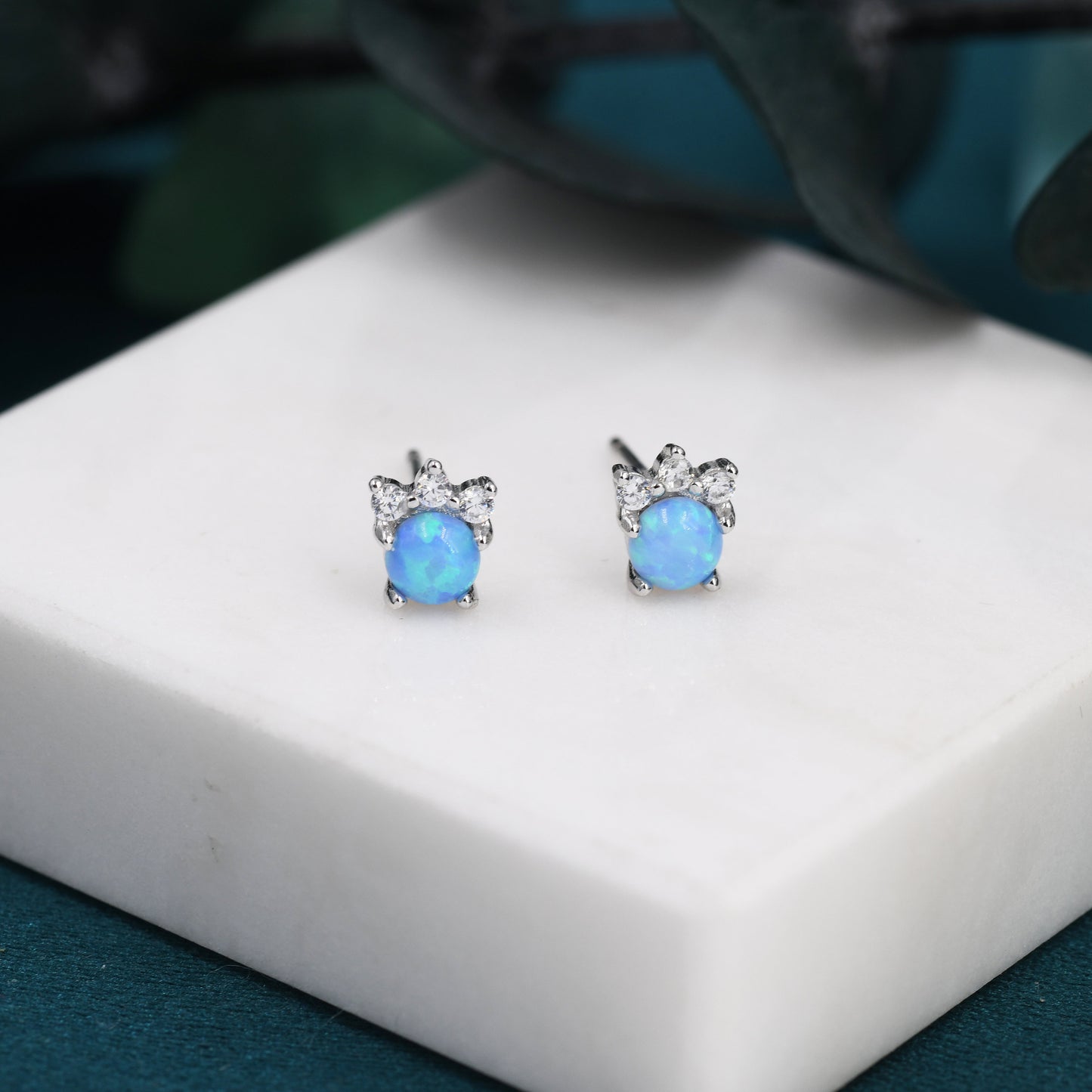 Tiny Blue Opal with CZ Stud Earrings in Sterling Silver, Silver or Gold, Vintage Inspired Design, Opal Crown Earrings Crown Stud