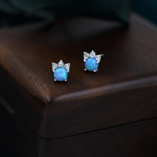 Tiny Blue Opal with CZ Stud Earrings in Sterling Silver, Silver or Gold, Vintage Inspired Design, Opal Crown Earrings Crown Stud