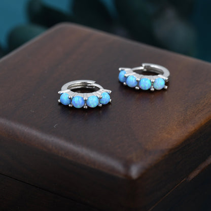 Blue Opal Huggie Hoops in Sterling Silver, 8mm Opal Hoops, Silver or Gold, Dainty Hoops Earrings, Opal Earring