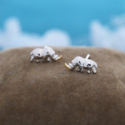 Rhino Stud Earrings in Sterling Silver, Rhinoceros Stud, Safari Earrings, Africa, Nature Inspired, Two Tone Earrings