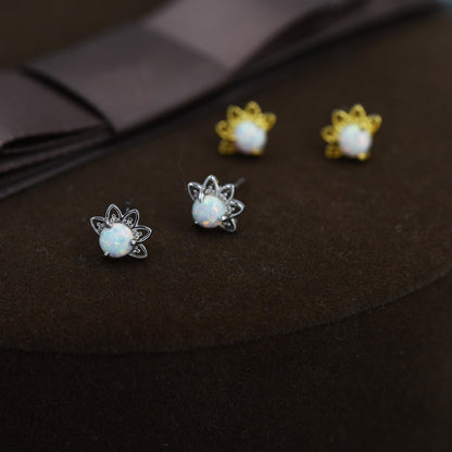 Sterling Silver White Opal Crown Stud Earrings, Prong Set, Opal Earrings, Lab Opal Lotus Earrings, Minimalist