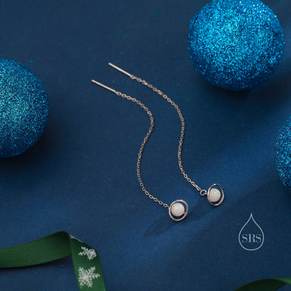 White Opal Planet Threader Earrings in Sterling Silver, Silver or Gold, Opal Planet Ear Threaders, 9cm long threaders