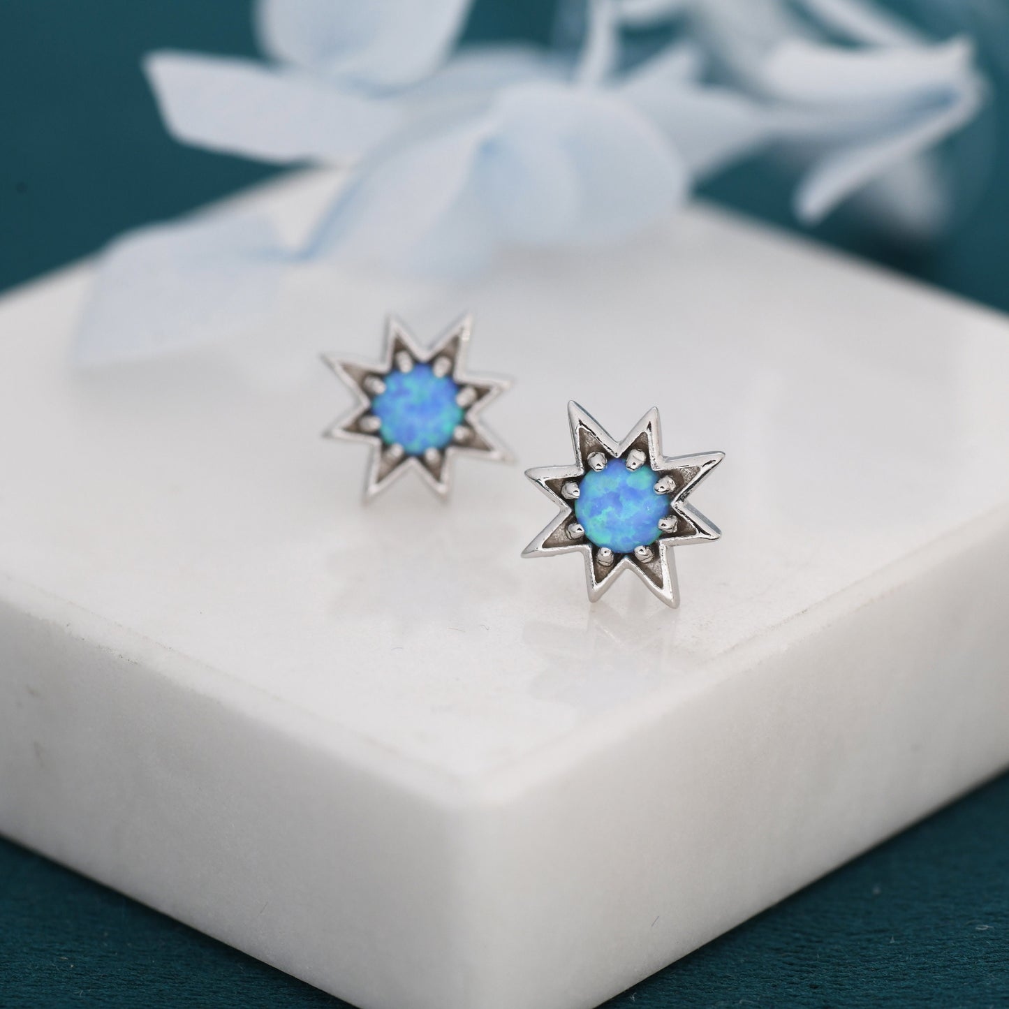 Starburst Blue Opal Stud Earrings in Sterling Silver, Silver or Gold, Star Opal Earrings, Stacking Earrings