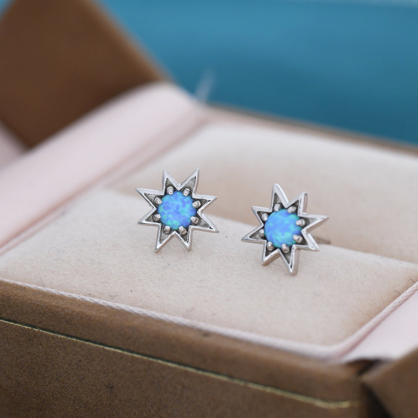 Starburst Blue Opal Stud Earrings in Sterling Silver, Silver or Gold, Star Opal Earrings, Stacking Earrings