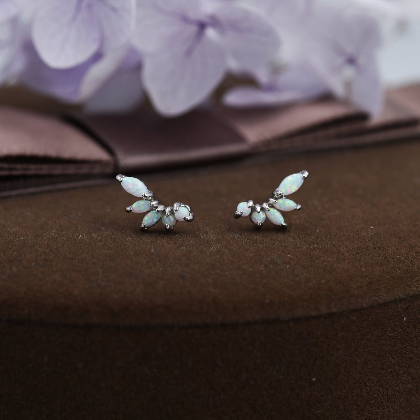 Sterling Silver White Opal Marquise Cluster Stud Earrings, Silver and Gold,  Blue Opal Earrings, Lab Opal Mini Crawler Earrings, Minimalist