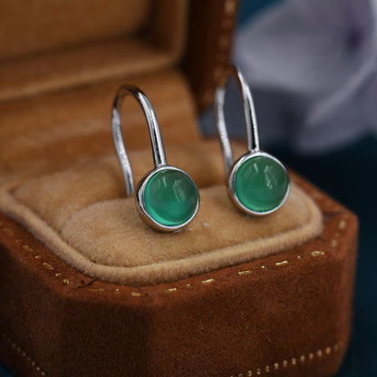 Genuine Green Onyx Drop Earrings in Sterling Silver, Natural Green Chalcedony Round Hook Earrings, Delicate Green Onyx Earrings