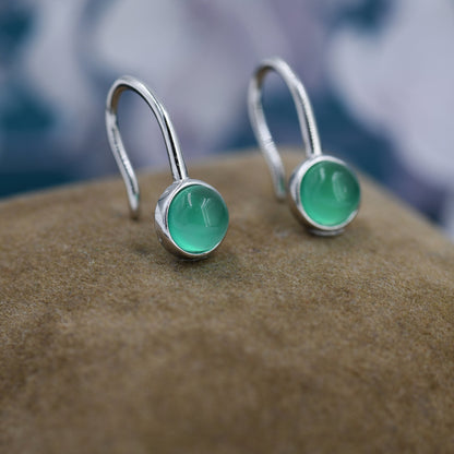 Genuine Green Onyx Drop Earrings in Sterling Silver, Natural Green Chalcedony Round Hook Earrings, Delicate Green Onyx Earrings