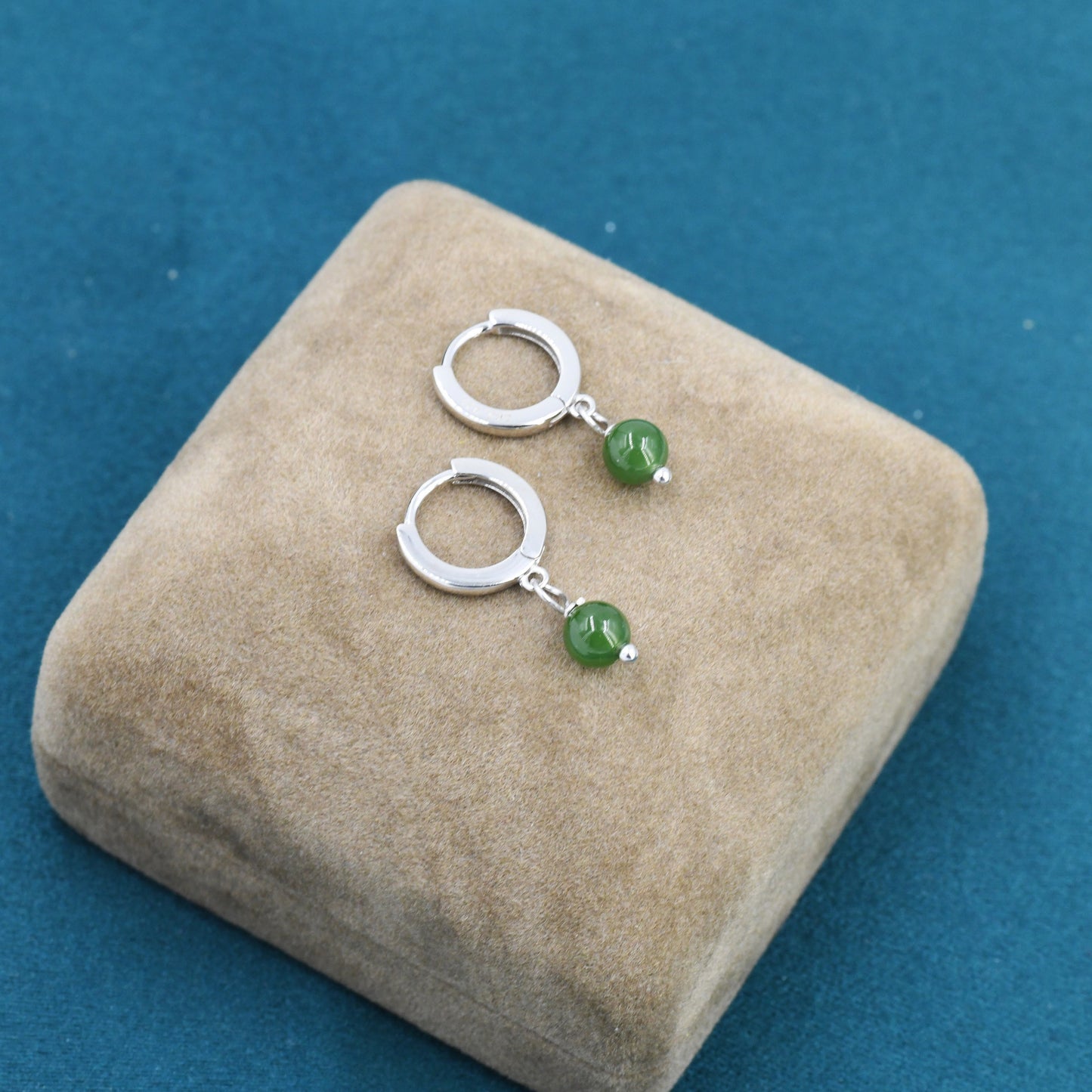 Dangle Jade Huggie Hoops Earrings in Sterling Silver, , Genuine Jade Stones, Silver or Gold, Minimalist Simple Hoop Earrings