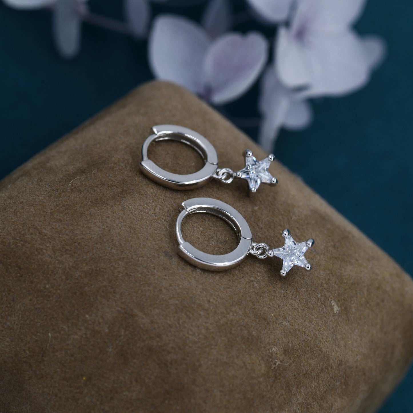 CZ Star Huggie Hoop Earrings in Sterling Silver, Silver or Gold, North Star Dangle Earrings, Sunburst Earrings, Celestial Jewellery