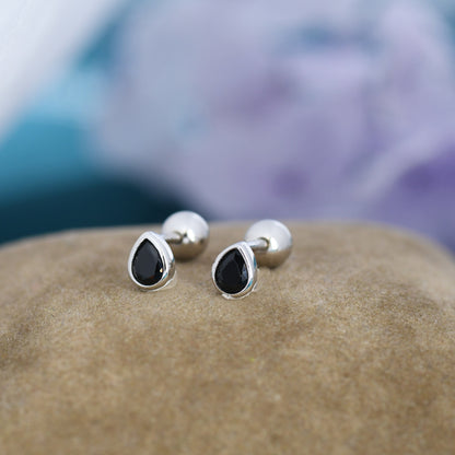 Extra Tiny Black CZ Droplet Screw Back Earrings in Sterling Silver, Silver or Gold, Black CZ Screwback Earrings, Barbell