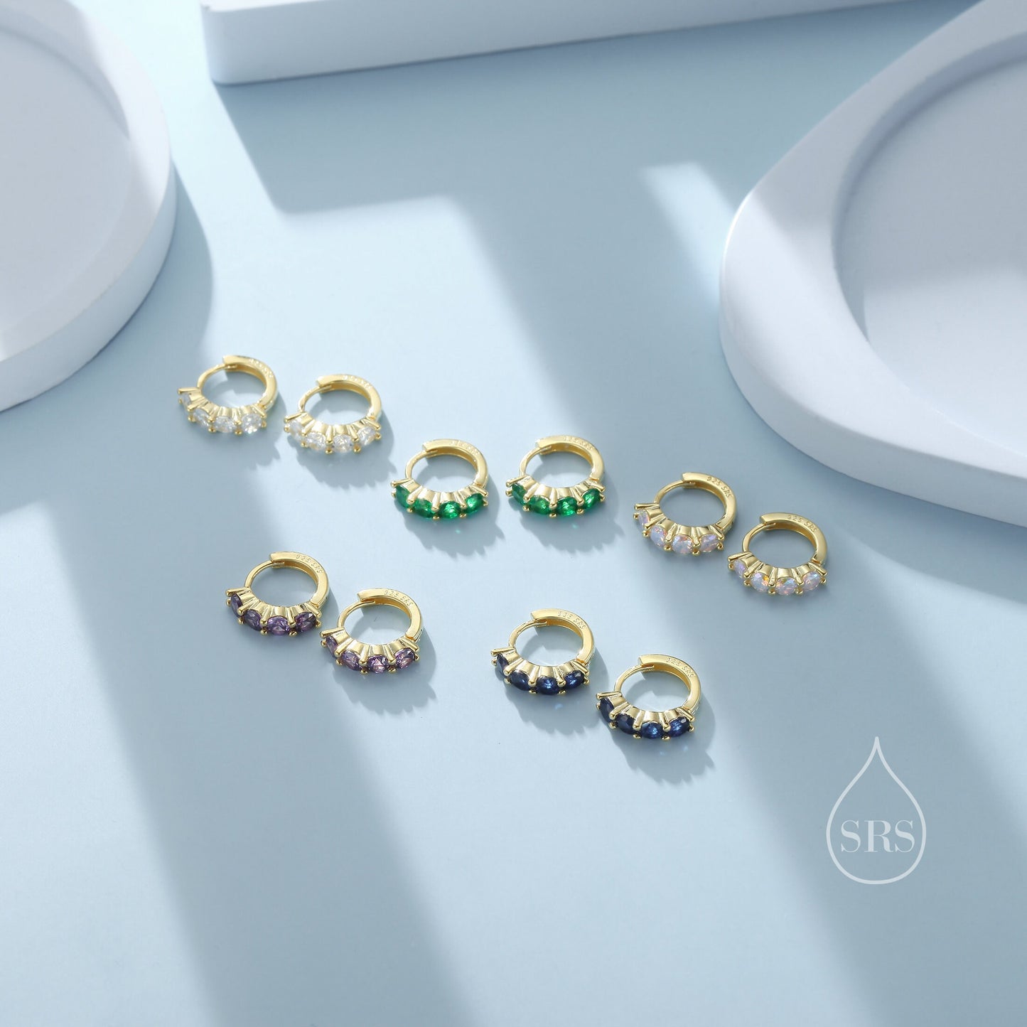 Tiny 6mm Huggie Hoop Earrings in Sterling Silver, Silver or Gold, 4mm Geometric Hoop Earrings, Green, Blue, Purple, Rainbow or Clear CZ