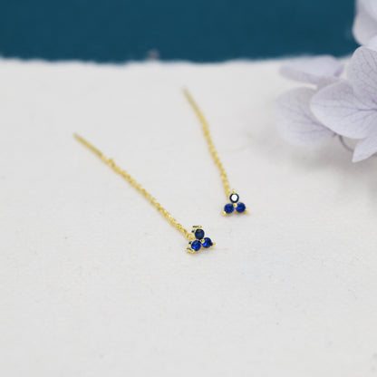 Sapphire Blue Trio Flower CZ Threader Earrings in Sterling Silver, Silver or Gold, Three Dot Crystal Ear Threaders, Flower CZ Earrings