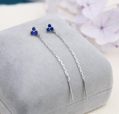 Sapphire Blue Trio Flower CZ Threader Earrings in Sterling Silver, Silver or Gold, Three Dot Crystal Ear Threaders, Flower CZ Earrings