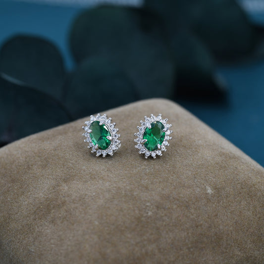 Emerald Green CZ Stud Earrings in Sterling Silver, Green Oval Crystal Stud Earrings, May Birthstone