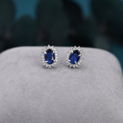 Sapphire Blue CZ Stud Earrings in Sterling Silver, Blue Oval Crystal Stud Earrings, September Birthstone