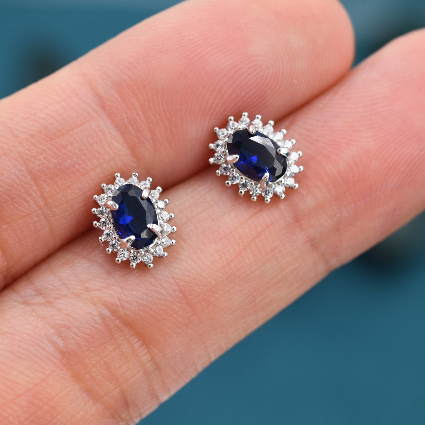 Sapphire Blue CZ Stud Earrings in Sterling Silver, Blue Oval Crystal Stud Earrings, September Birthstone