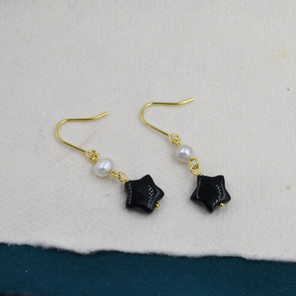 Genuine Black Onyx Star and Pearl Drop Earrings in Sterling Silver, Natural Onyx and Freshwater Pearl Drop Hook Earrings, Star