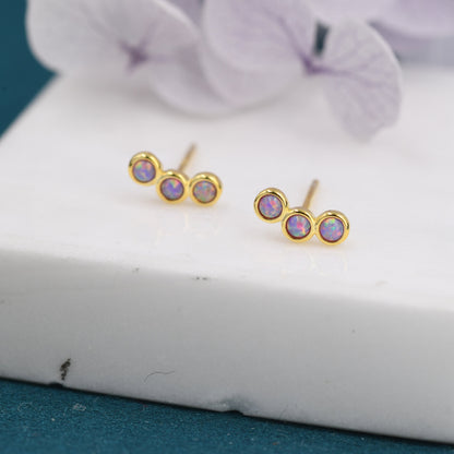 Tiny Purple Opal Trio Stud Earrings in Sterling Silver, Silver or Gold, Curved Bar Three Opal Earrings, Opal Stud, Small Opal Earrings