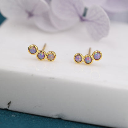 Tiny Purple Opal Trio Stud Earrings in Sterling Silver, Silver or Gold, Curved Bar Three Opal Earrings, Opal Stud, Small Opal Earrings