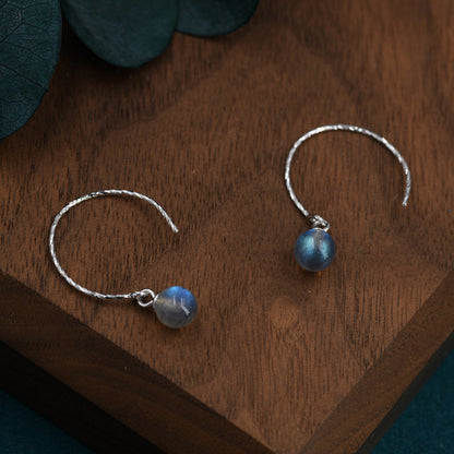 Genuine Labradorite Dangle Earrings in Sterling Silver, 15mm Hook Earrings, Round Hoop Labradorite Beaded Earrings