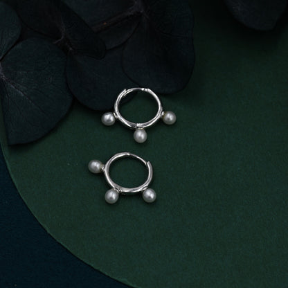 Three Pearl Huggie Hoop Earrings in Sterling Silver, Triple Pearl Hoop Earrings