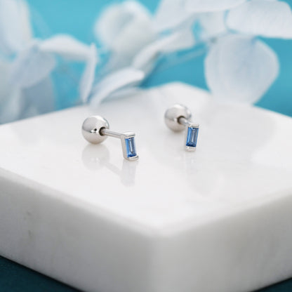 Extra Tiny Aquamarine Blue Baguette CZ Screw Back Earrings in Sterling Silver, Stacking Earrings, Barbell Earrings, Helix Earrings