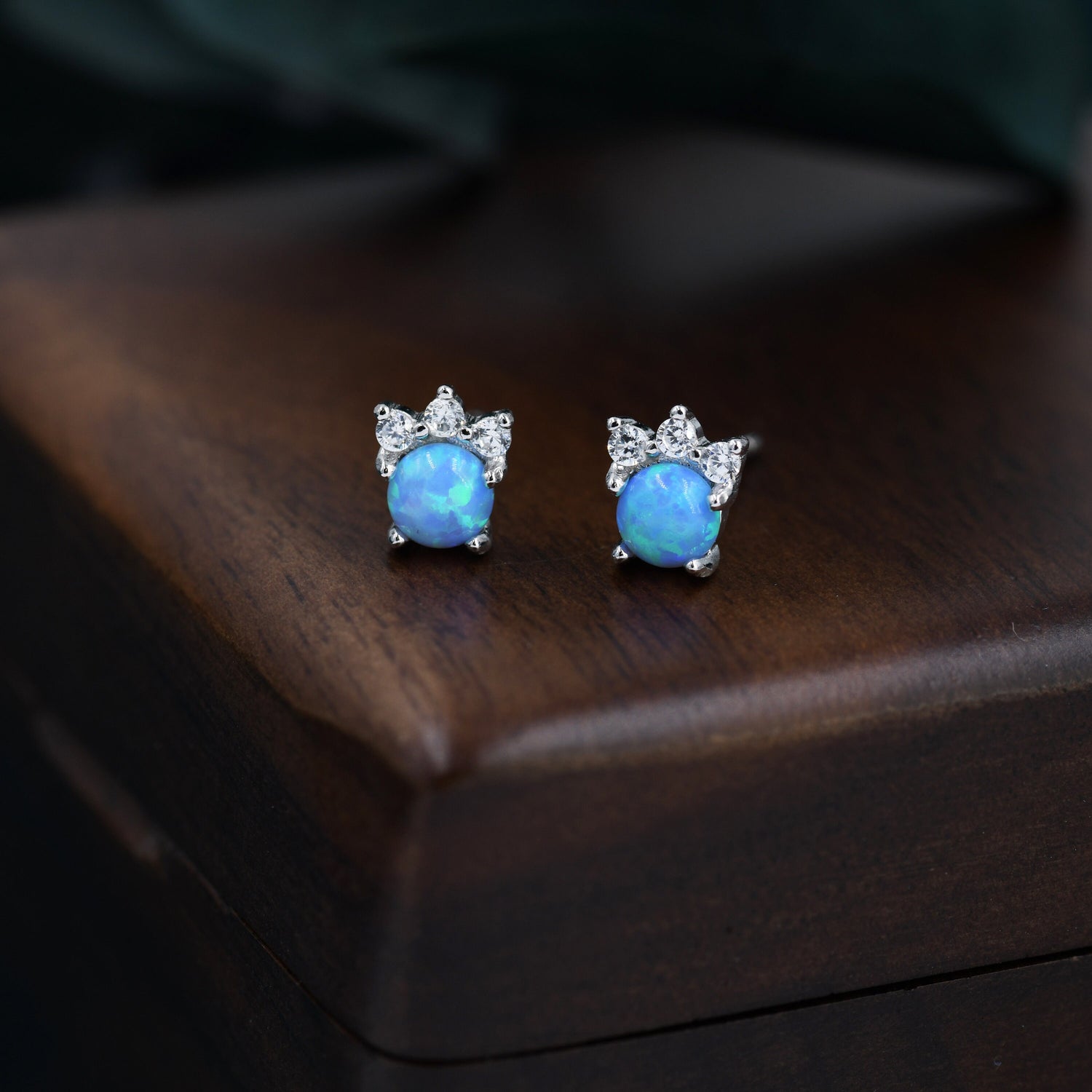 Tiny Blue Opal with CZ Stud Earrings in Sterling Silver, Silver or Gold, Vintage Inspired Design, Opal Crown Earrings Crown Stud